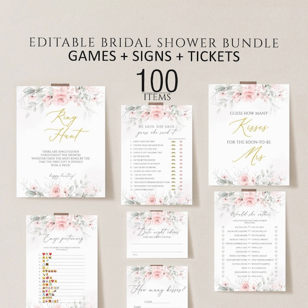 Floral Bridal Shower Games, Printable Bridal Shower Games, Dusty Pink Floral Wedding Shower Games, Editable Bridal Party Games, Bride Groom