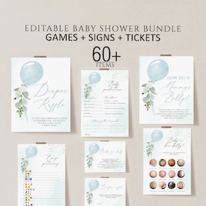 Blue Balloon Baby Shower Games Printable, Boy Baby Shower Games Bundle, Editable Baby Shower Games, Printable Baby Shower Games download