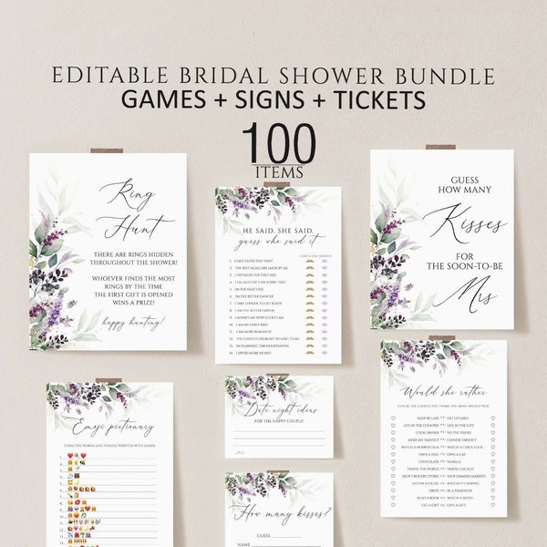 Bridal Shower Games, Printable Bridal Shower Games, Lavender bridal shower games bundle, Minimalist Wedding Shower Games, Editable Games