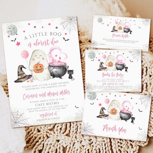 Editable Pink A Little Boo Baby Shower Invitation Bundle, Halloween Girl Baby Shower Invite, Ghost Halloween Baby Shower Invite Download