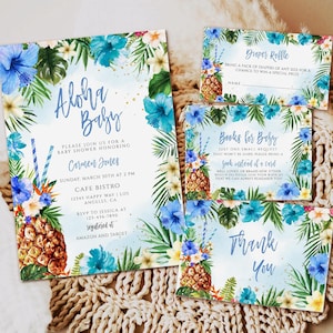 Blue Aloha Baby Shower Invite, Tropical Luau, Boy Invitation, Teal Blue Floral, Hawaiian, Pineapple Coconut, Baby Boy Invitation download