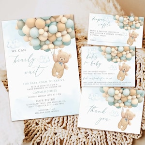 Blue Teddy Bear Baby Shower Invitation Template, We Can Bearly Wait Boy Baby Shower Invite, Bear with Balloons Baby Shower Download,Editable