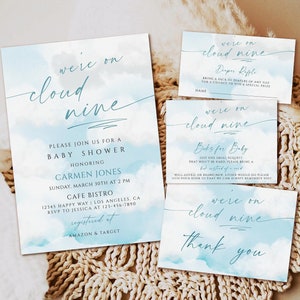 We're on Cloud Nine baby shower invitation template, Blue Cloud baby shower, Cloud 9 baby shower invite, Editable Boy Printable Template