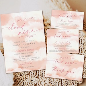 We're on Cloud Nine baby shower invitation template, Pink Cloud baby shower, Cloud 9 baby shower invite, Editable Girl Printable Template