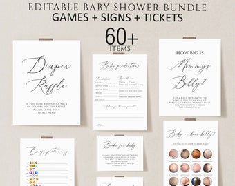 Modern Baby Shower Games Bundle, 60+ Editable Signs and Tickets (Printable Download)