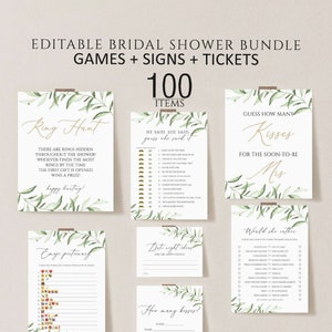 May include: Printable bridal shower game cards with green foliage and gold lettering. The games include "Ring Hunt", "He Said, She Said", "Guess How Many Kisses", "Would She Rather", "Emoji Pictionary", "Date Night Ideas", and "How Many Kisses?"