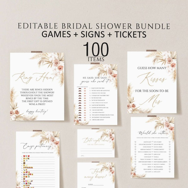 Boho bridal shower games bundle, Bridal shower games, Pampas grass bridal shower games printable, Bridal shower games bundle, Wedding games