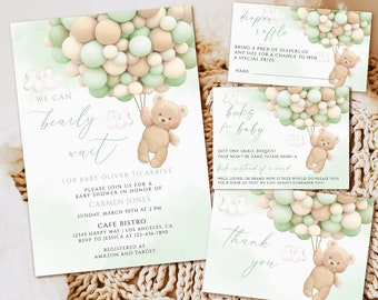 Green Teddy Bear Baby Shower Invitation Template (Digital)
