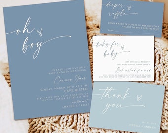 May include: Blue and white baby shower invitation cards with calligraphy text. The main card says "Oh boy" with a heart. The other cards say "Diaper Raffle", "Books for Baby", and "Thank You".