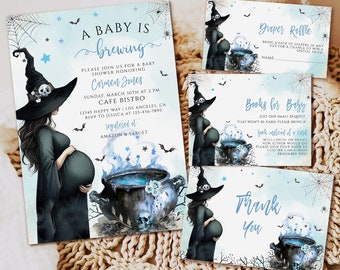 Halloween Baby Shower Invitation Bundle, Blue Witch Theme (Editable Template)