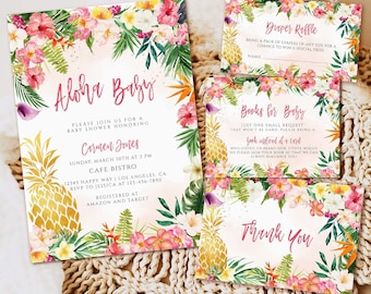 Aloha Baby Shower Invitation, Tropical Hawaiian Luau, Pink Hibiscus (Printable Invite)