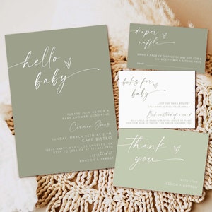 Minimalist Baby Shower Invitation, Gender Neutral Baby Shower, Hello Baby Invite, Modern Sage green Baby Shower download Editable Template