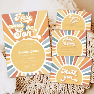 Editable Sunshine Baby Shower Invitation Here Come The Son Baby Shower Retro Boho Muted Tones Sunshine Baby Shower Instant Download invite