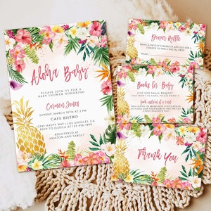 Girl Aloha Baby Shower invitation, Printable Invite, Tropical Luau, Hawaiian, Pink Hibiscus, Pineapple, Coconut, Hawaii baby shower invite
