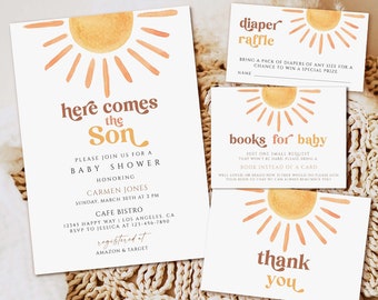 Retro Sun Baby Shower Invitation, Here Comes the Son baby shower Invitation, Baby Boy Shower Invite,Sun baby shower invite Editable Template