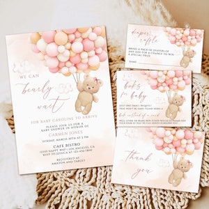 Pink Teddy bear baby shower invitation template, we can bearly wait girl baby shower invite, bear with balloons baby shower download