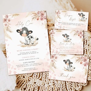 Cow Baby Shower Invitation template, Holy Cow Invite and Inserts, Blush Pink Flowers pampas grass cow baby shower invitation download