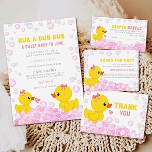 Pink Rubber Duck Baby Shower Invitation set, Editable Rubber Ducky Girl Baby Shower Invite, Printable template Digital download, duckling