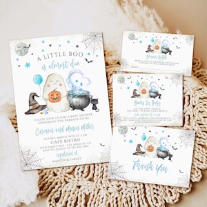 Editable Blue A Little Boo Baby Shower Invitation Bundle, Halloween Boy Baby Shower Invite, Ghost Halloween Baby Shower Invite download