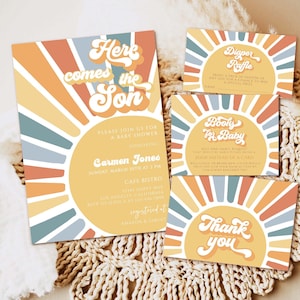 Editable Sunshine Baby Shower Invitation, Here Come The Son Baby Shower Retro Boho Muted Tones Sunshine Baby Shower Instant Download invite