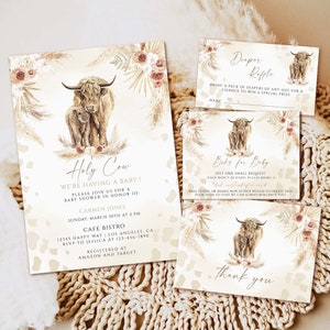 Boho Highland Cow Baby Shower Invitation, Holy Cow Invite and Inserts, Pampas Baby Shower, Cow baby shower invitation download printable