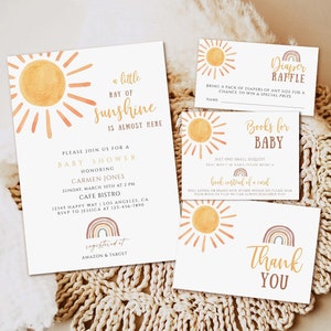 Sunshine Baby Shower Invitation, Boho Sun Baby Shower Invite, Neutral Rainbow Shower, A Little Ray of Sunshine invitation, Editable Template