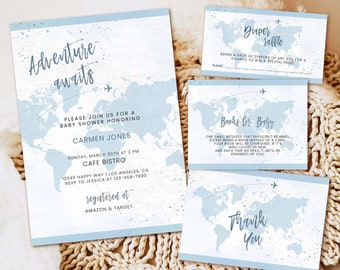 Adventure Awaits Baby Shower Invitation, World Map Theme (Printable)
