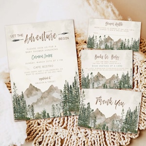 Editable Let the Adventure Begin Baby Shower Invitation Pine Trees Mountain Gender Neutral baby shower Template  Woodland Baby Shower Invite