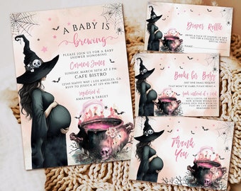 Pink Witch Baby Shower Invitation Bundle, Halloween Theme (Editable Template)
