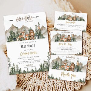 Editable Adventure Awaits Baby Shower Invitation Woodland Animals Baby Shower Invite Mountain Forest invitation Printable Template download