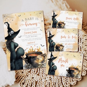 Editable A Baby is Brewing Orange Halloween Baby Shower Invitation Bundle, Gender Neutral Witch Halloween Baby Shower Invite template