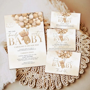 Teddybär Babyparty Einladungsvorlage, Wir können es kaum erwarten Babyparty Einladung, Bär mit Luftballons Babyparty Download, Geschlechtsneutral
