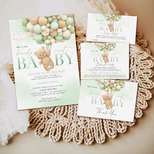 Editable Bear Baby Shower Invitation, We Can Bearly Wait Boy, Green Bear Balloons, Bear with Sage Balloons Baby Shower Invitation template