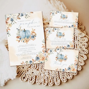 Editable Boy Blue Pumpkin Baby Shower Invitation Bundle, Fall Rustic Floral Pumpkin Baby Shower Invite, Fall Little Pumpkin Baby Shower