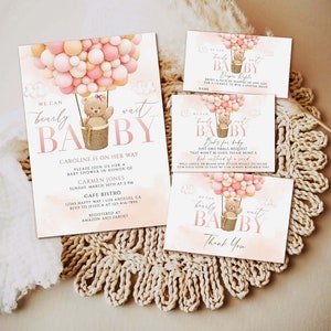 pink Teddy bear baby shower invitation template, we can bearly wait baby shower invitation girl, bear with balloons baby shower download