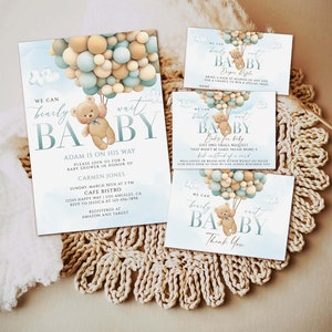 Blue Teddy Bear Baby Shower Invitation Template, We Can Bearly Wait Boy Baby Shower Invite, Bear with Balloons Baby Shower Download,Editable