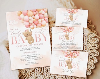 Pink Teddy Bear Baby Shower Invitation Template (Digital Download)