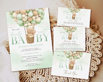 Editable Bear Baby Shower Invitation, Green Boho (Digital Download)