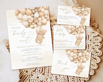 Teddy Bear Baby Shower Invitation Template, Balloons (Editable Download)