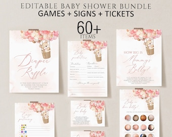 Teddy Bear Baby Shower Games Printable, Editable Baby Shower Games Bundle, Baby Shower Games, Pink balloon girl baby shower games Download