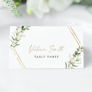Modelo de cartões de lugar de vegetação de eucalipto, modelo de cartão de lugar, cartões de lugar de casamento editáveis, cartões de lugar dobrados planos, cartão de lugar imprimível