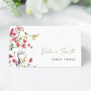 Sjabloon voor minimale bruiloft plaatskaarten bewerkbare plaatskaart plaatskaart wilde bloemen bewerkbare trouwkaarten bewerkbare naamkaart bruiloft