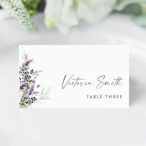 Plantillas modernas para tarjetas de lugar de boda, elegantes tarjetas de nombre para boda, tarjetas de lugar para boda de lavanda para imprimir, descarga de tarjetas de nombre minimalistas editables