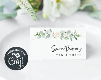 Floral Place Card Template, Printable Wedding Name Card Seating Card, Name Card, Greenery Place Cards, Folded, Editable Instant Download