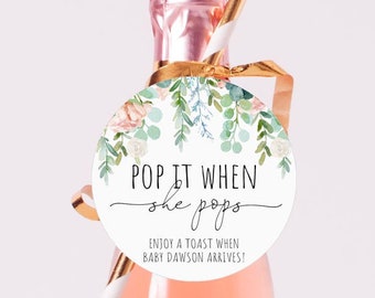 Pop It When She Pops Tags Baby Shower Favor Tags Greenery Floral Mini Champagne Baby Shower Tags Wine Bottle Tags Champagne Tags uj69