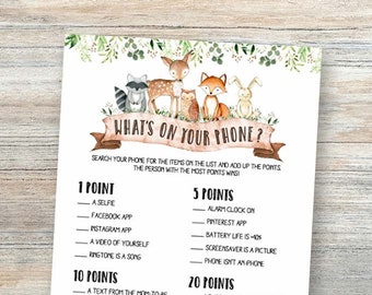 What's On Your Phone Baby Shower Games Printable Woodland Baby Animal Whats Phone Guessing Game What's In Your Phone Instant Download byh594