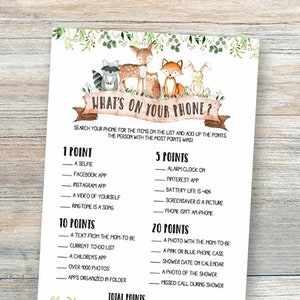 What&#39;s On Your Phone Baby Shower Games Printable Woodland Baby Animal Whats Phone Guessing Game What&#39;s In Your Phone Instant Download byh594