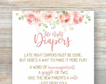 Late Night Diapers Sign Pink Late Night Diapers Diaper Thoughts Signs Baby Shower Sign Floral Baby Shower Games Printable Diaper Game