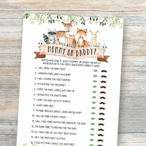 Juego de Adivina Quién, Mamá o Papá, Cuestionario de Mamá o Papá, Juegos de Baby Shower de Woodland, Juego de Mamá o Papá Imprimible, Adivina Quién lo dijo, Él dijo, Ella dijo byh112
