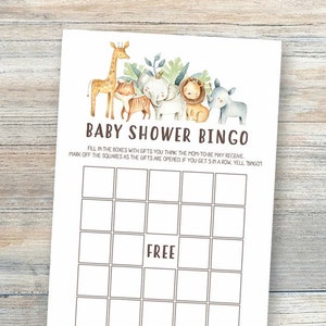 Safari Baby Shower Bingo Cards, Jeux de baby shower imprimables, Cartes de bingo vierges, Safari Animals Baby Shower Bingo Gender Neutral byh136